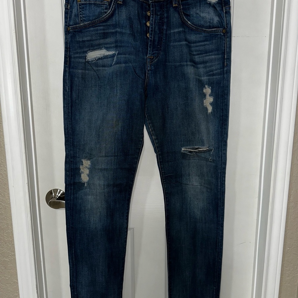 7 For All Mankind Men's Dark Blue Distressed Skinny Jeans